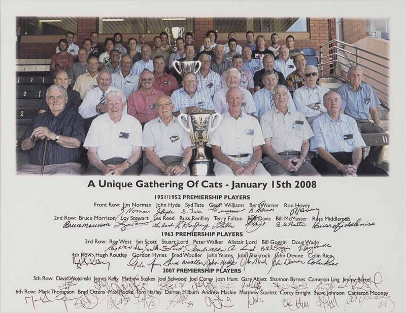 GEELONG: "A Unique Gathering of Cats" display, comprising group photograph of the 1951/52, 1963 & 2007 Premiership players, with 48 signatures below including Bob Davis, Bill Goggin, Doug Wade, Gary Ablett, Cameron Ling, Tom Harley & Matthew Scarlet, wind