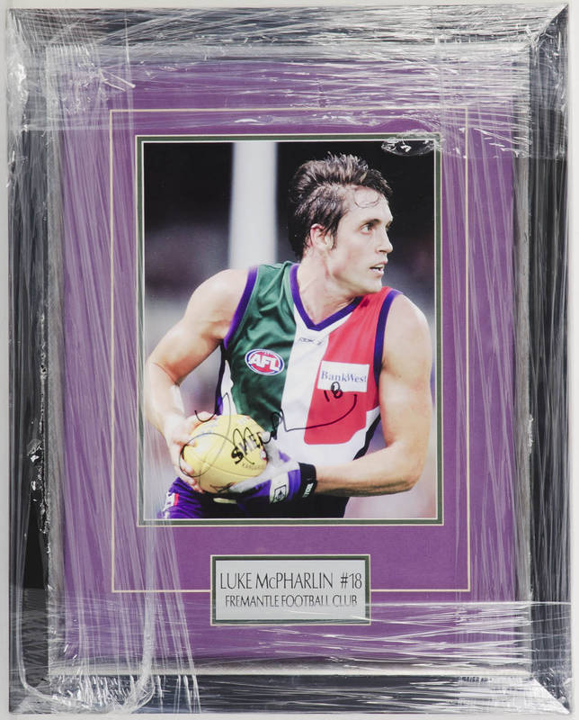 FRAMED DISPLAYS, noted signed displays of Andrew McLeod, Scott Thompson, Dean Cox, Matt Priddis, John Worsfold & Chris Judd, Luke McPharlin, Stephen Hill, Jason Akermanis, Nick Dal Santo, Ben Graham; also "Hawks 1976 Premiers" display with framed pennant.