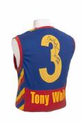 FITZROY: 1995 Fitzroy pre-season jumper, number 3 Doug Hawkins, signed on number. Rare pre-season jumper, Hawkins only had one year at Fitzroy after 17 seasons at Footscray. - 2