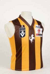 BOX HILL HAWKS (Hawthorn's VFL affiliate): Jumpers (3), brown & gold stripes with number 9; grey c2007; white hawk 2012 with number 19. Difficult to obtain VFL jumpers from an AFL club affiliate.