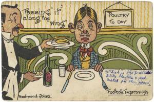 1906 Redmond Nolan "Football Expressions Cartoon Postcards" [1/6] - "Passing it along the Wing", published by V.S.M. Fair/G (some writing on face).