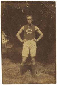 c1910-20 Photograph of Carlton player (44x66mm) wearing a c1910-22 style Carlton jumper. Possibly an unrecorded trade card. Fair/G (small pin-hole at top).