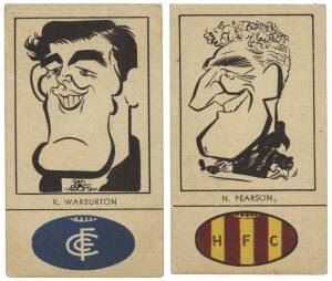 1954 Fyna Foods "Victorian Footballer Caricatures" [2/24] with club colours at base - No.23 N.Pearson (Hawthorn) & No.24 K.Warburton (Carlton). G/VG.