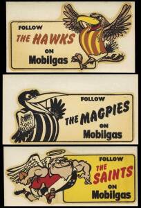 c1964 Mobil "Weg Mobilgas VFL Club Mascots Decals", duplicated range with Carlton (4), Collingwood (9), Essendon (5), Hawthorn (14), Melbourne (3), North Melbourne (7), St.Kilda (10) & South Melbourne (1). Fair/VG. Rarity 6. (Total 53).