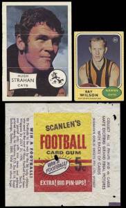 1970 Scanlens "Footballers" part set [38/66] Poor/G (4 damaged); "Scanlen's Football Card Gum 5c" wrapper (faults); plus "Footballers Mini-Posters" [2/12]. Fair/G.