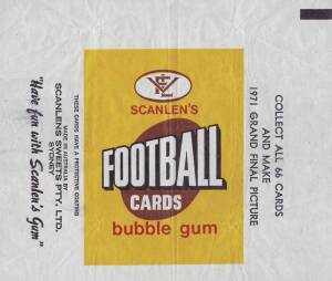 1972 "VFL, Scanlens, Football Cards, Bubble Gum" wrapper. G/VG condition. Scarce.