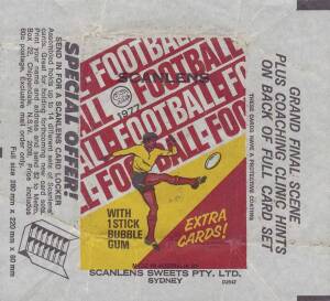 1977 "Scanlens, 1977, Football, With 1 Stick Bubble Gum" wrapper. Fair/G condition. Scarce.