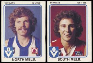1981-85 Scanlens group, noted 1981 [148/168 + 11/12 Checklists + Game Card]; 1982 [154/168]; 1982 "Football Heroes" [1/36]; 1983 Stickers - range of stickers, packets, album & box; 1985 [122/132]. Fair/VG.
