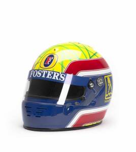 MARK WEBBER, signed racing helmet, in perspex display case 37x31x31cm.