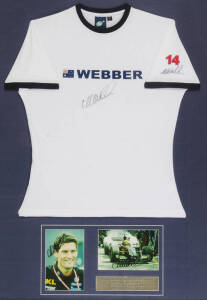 MARK WEBBER, display comprising signed T-shirt, window mounted with two signed photographs, overall 98x131cm.