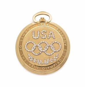 LONGINES 1984 OLYMPIC POCKET WATCH, case 14ct yellow gold with 104 full cut diamonds forming the USA Olympic emblem on the front cover, brushed outer edge with text "Games of the XXIII OLympiad Los Angeles 1984"; dial silver with diamond dust like finish.