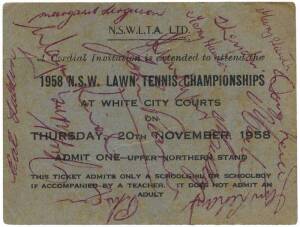 1958 NSW CHAMPIONSHIPS TICKET, with 28 signatures including Ashley Cooper, Earl 'Butch' Buchholz (USA) & Jan Lehane.