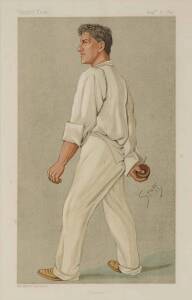 "VANITY FAIR" CRICKET PRINTS, comprising "Sammy" (Sammy Woods - played Tests foe Australia & England), "The Lobster" (Digby Jephson), "An Artful Bowler" (B.J.T.Bosanquet), "Forty-six centuries in Eleven Years (J.T.Tyldesley)" & "Charlie" (Colin Blythe), e