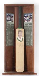 DEAN JONES: "The Dean Jones Collectors Edition" Cricket Bat with hand-painted portrait of Dean Jones & signature on front, mounted in display case with details of Dean Jones record, overall 40x89cm. Limited edition No.29. with CoA.