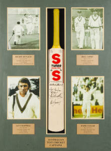 AUSTRALIAN CRICKET CAPTAINS, display comprising "Stuart Surridge" cricket Bat with 4 signatures - Richie Benaud, Bill Lawry, Ian Chappell & Mark Taylor, window mounted with photographs of each captain, framed & glazed, overall 82x106cm.  With CoA.