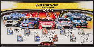 V8 SUPERCARS: 2005 V8 Supercars print with 9 signatures including Russell Ingall, Marcos Ambrose & Steven Richards, window mounted, framed & glazed, overall 98x58cm.