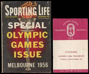 1956 MELBOURNE OLYMPICS COLLECTION, noted "Official Report" (ex-library copy); programmes (10 - some with filing holes); silk scarves (2); car badge; Ppening & Closing Ceremony LP records; cushion; plate; Coles cards (14); window decal; badges/pins; few l