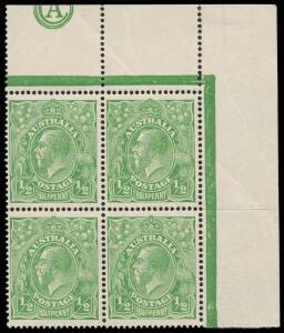 ½d Green, CA Monogram corner block of four from the top of sheet due to mis-guillotining; BW.63(1)z - $750+. Minor creasing.