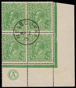 &frac12;d Green, CA Monogram corner block of four, CTO with MELBOURNE/MR 2/15 cds; BW.63(2)zb - $600 as mint corner pair