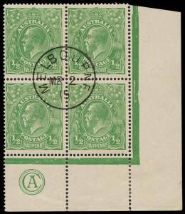 ½d Green, CA Monogram corner block of four, CTO with MELBOURNE/MR 2/15 cds; BW.63(2)zb - $600 as mint corner pair