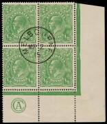 ½d Green, CA Monogram corner block of four, CTO with MELBOURNE/MR 2/15 cds; BW.63(2)zb - $600 as mint corner pair