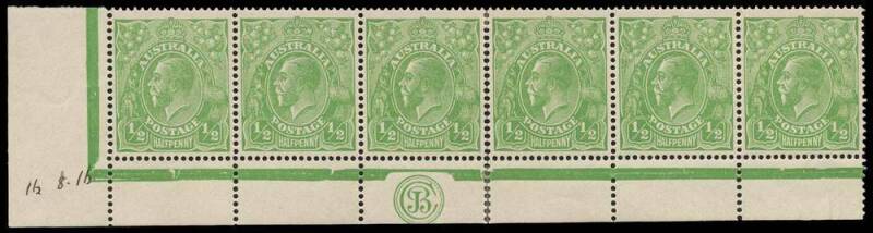 ½d Green, JBC Monogram corner strip of six, with variety “White flaw in right side of crown”, BW.63(4)zl – Cat $500+. Reinforced.         