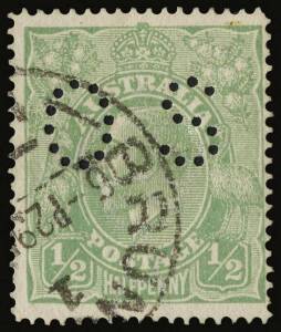 ½d Green SINGLE-LINE PERF 14, Perforated OS, cancelled at Brunswick; SG.038w £3,000, BW.64b, $4,000. Fine used, only four examples recorded, 2008 Eastick and 2012 Ceremuga Certificates.