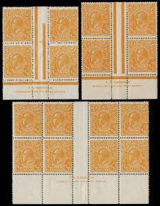 ½d Orange, T.S. Harrison imprint blocks. As blocks of 4, Electro 6 (inverted watermark) and Electro 7 plus Electro 9 as a block of 8, with variety, BW.66a(6)z, (7)z & 9z - $415+, Minor faults. 