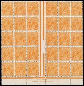 &frac12;d Orange, T.S. Harrison imprint block of 30 with varieties &ldquo;Diagonal scratch through left value tablet&rdquo; and &ldquo;Gash in right wattles&rdquo;; BW.66(7)z,m,n.