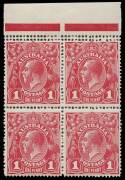 1d RED - SMOOTH PAPER; 1d Carmine-Red (G10) marginal block of four with “Double horizontal perforations at top”, the right units Die II; BW.71Aba(1)fa - $3,000++.