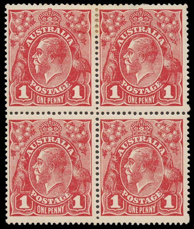 1d Carmine-Red (G10) block of four [34-35/40-41], upper units normal, lower with varieties “Thin G of POSTAGE (retouch)” and “Small white dot on Y of PENNY”; BW.71A(1)k,l. 2**/2*, slight gum toning, top R unit small thin. 2012 Ceremuga Certificate.