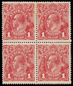 1d Carmine-Red (G10) block of four [34-35/40-41], upper units normal, lower with varieties “Thin G of POSTAGE (retouch)” and “Small white dot on Y of PENNY”; BW.71A(1)k,l. 2**/2*, slight gum toning, top R unit small thin. 2012 Ceremuga Certificate.