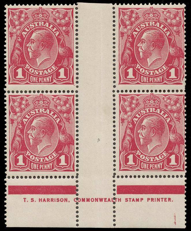 1d Carmine-Rose (G10), T.S. HARRISON one-line imprint block of four, with varieties “Ferns” and “RA of AUSTRALIA joined”; BW.71A(4)zj - $800. 2**/2*.