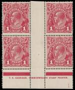 1d Carmine-Rose (G10), T.S. HARRISON one-line imprint block of four, with varieties &ldquo;Ferns&rdquo; and &ldquo;RA of AUSTRALIA joined&rdquo;; BW.71A(4)zj - $800. 2**/2*.