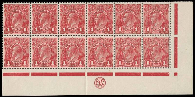 1d Scarlet-Red (G17), JBC Monogram (1mm below marginal line), lower marginal corner block of twelve with varieties , “Kangaroo’s tongue out” and “Run N of ONE – second state”; BW.71G(4)zf,r - $1,250++.