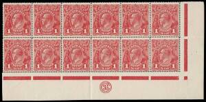 1d Scarlet-Red (G17), JBC Monogram (1mm below marginal line), lower marginal corner block of twelve with varieties , &ldquo;Kangaroo&rsquo;s tongue out&rdquo; and &ldquo;Run N of ONE &ndash; second state&rdquo;; BW.71G(4)zf,r - $1,250++.