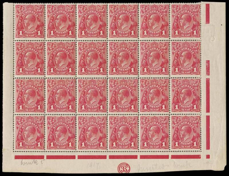 1d Scarlet-Red (G17),  JBC Monogram (3mm below marginal line), INVERTED watermark, lower pane block of 24 with varieties, “White spot N.E. corner”, “Kangaroo’s tongue out” and “Run N of ONE – second state”; BW.71G(4)a,zf,r. Overall light toning and reinfo