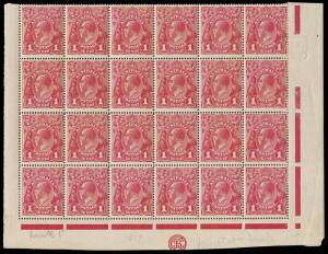 1d Scarlet-Red (G17),  JBC Monogram (3mm below marginal line), INVERTED watermark, lower pane block of 24 with varieties, “White spot N.E. corner”, “Kangaroo’s tongue out” and “Run N of ONE – second state”; BW.71G(4)a,zf,r. Overall light toning and reinfo