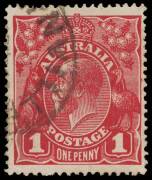 1d Scarlet (aniline) G18) variety &ldquo;Colour flaw outside right frame opposite emu&rsquo;s neck with additional rust flaw opposite right hand value tablet" [4/46]; BW.71G(2)ma - $2,500. A fine used example of this rarity.