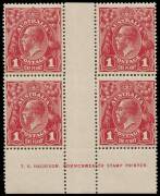 1d Rose-Carmine (G22), T.S. HARRISON one-line imprint block of four; BW.71L(3)zf - $750.