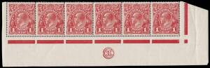 1d Rose-Carmine (G22), JBC Monogram (3mm below marginal line), lower marginal strip of six with varieties , “Kangaroo’s tongue out” and “Run N of ONE – second state”, BW.71L(4)zh,r - $1,250++. 2006 Drury Certificate.