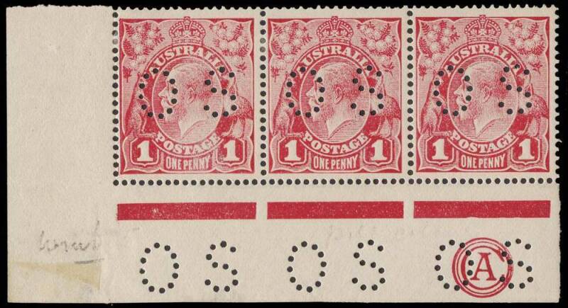 1d Crimson (G23), CA Monogram (3mm below marginal line), corner strip of three, "Dry Ink", perforated OS; BW.71N(4)ca,zd. Rare combination. Marginal thin.  