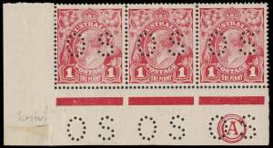 1d Crimson (G23), CA Monogram (3mm below marginal line), corner strip of three, "Dry Ink", perforated OS; BW.71N(4)ca,zd. Rare combination. Marginal thin.&nbsp;&nbsp;