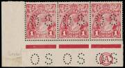 1d Crimson (G23), CA Monogram (3mm below marginal line), corner strip of three, "Dry Ink", perforated OS; BW.71N(4)ca,zd. Rare combination. Marginal thin.  