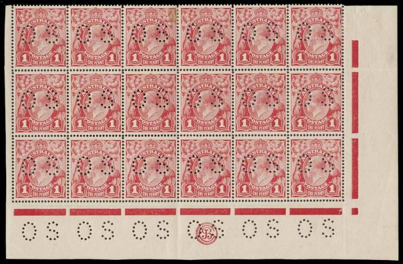 1d Crimson (G23), “Dry Ink”, CA Monogram (3mm below marginal line), perforated OS, lower pane block of 18 with varieties, "White spot N.E. corner”, “Kangaroo’s tongue out” and “Run N of ONE – second state”; BW.71N,ca(4)zd,q,r. Rare combination. Odd blemis