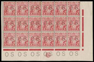 1d Crimson (G23), “Dry Ink”, CA Monogram (3mm below marginal line), perforated OS, lower pane block of 18 with varieties, "White spot N.E. corner”, “Kangaroo’s tongue out” and “Run N of ONE – second state”; BW.71N,ca(4)zd,q,r. Rare combination. Odd blemis