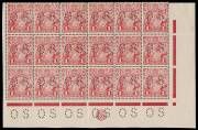 1d Crimson (G23), “Dry Ink”, CA Monogram (3mm below marginal line), perforated OS, lower pane block of 18 with varieties, "White spot N.E. corner”, “Kangaroo’s tongue out” and “Run N of ONE – second state”; BW.71N,ca(4)zd,q,r. Rare combination. Odd blemis