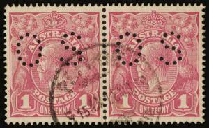 1d Pink Eosin (G27A), perforated OS; BW.71SA - $4,500 as singles. Well centred HORIZONTAL PAIR, cancelled PT. PIRIE "18 NO 18". Two such pairs known. 2012 Ceremuga Certificate.