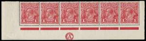 1d Pale Carmine-Rose (G30), CA and JBC Monogram (3mm below marginal line) lower marginal strips of six from the Left and Right Panes, originally from the same sheet with varieties “RA joined”, “Kangaroo’s tongue out” and "Run N of ONE – second state"; BW.