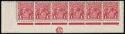1d Pale Carmine-Rose (G30), CA and JBC Monogram (3mm below marginal line) lower marginal strips of six from the Left and Right Panes, originally from the same sheet with varieties &ldquo;RA joined&rdquo;, &ldquo;Kangaroo&rsquo;s tongue out&rdquo; and "Run N of ONE &ndash; second state"; BW.